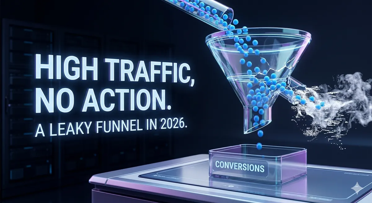 Leaky funnel diagram showing where website visitors drop off before converting
